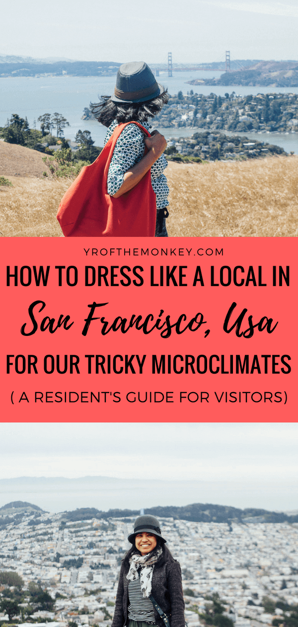 What to wear in San Francisco, California is your guide to navigating the tricky microclimates of this unique city and dressing like a local. This SF resident's guide will help first time visitors to be prepared for our unique weather pattern and help avoid common mistakes made by tourists. #sanfrancisco #california #usa #sfstreetstyle #dresslikealocal 