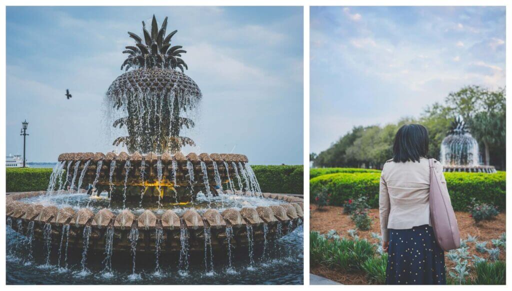 Pineapple fountain in Charleston's waterfront park, another attraction to visit in your Charleston itinerary