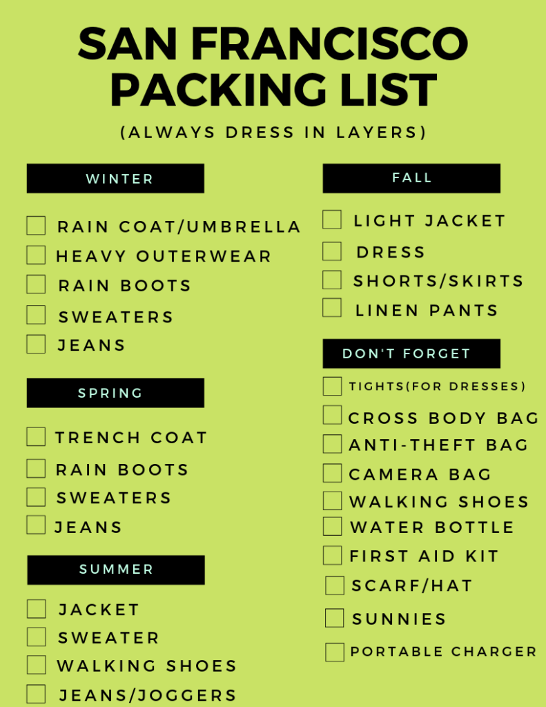 San Francisco packing list cheat sheet