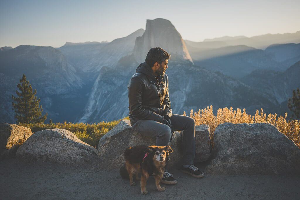 watching the sunrise from Glacier point, a dog friendly spot in Yosemite