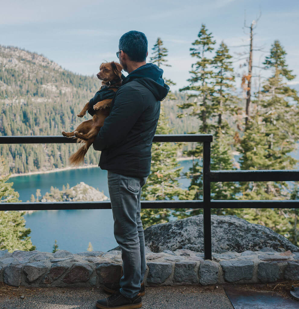 Inspiration Point at Emerald Bay with dog at Lake tahoe